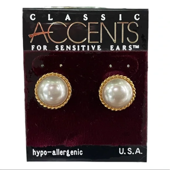Classy Pearl Button Earrings Classic Accents for Sensitive Ears Made In USA - Picture 3 of 3